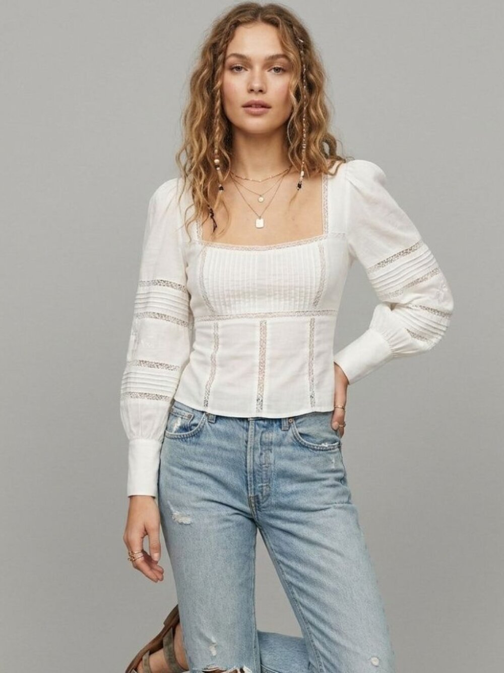Reformation White Long Sleeve Lace Corset Top Size 8 Boho Coquette Whimsy